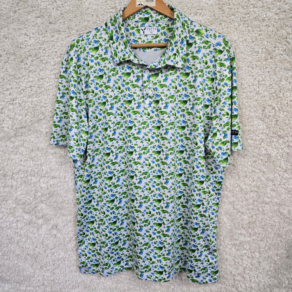Yatta Golf Polo Shirt Mens XL White Green Mojito Lime Print Performance Preppy